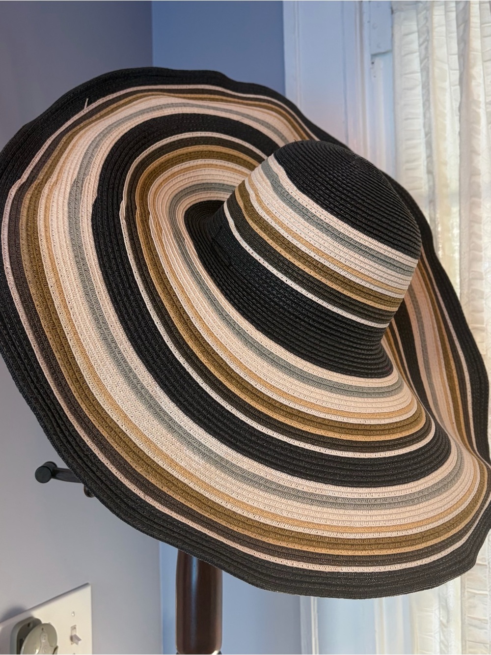 Striped Wide Brim Sun Hat - Black, Cream & Brown